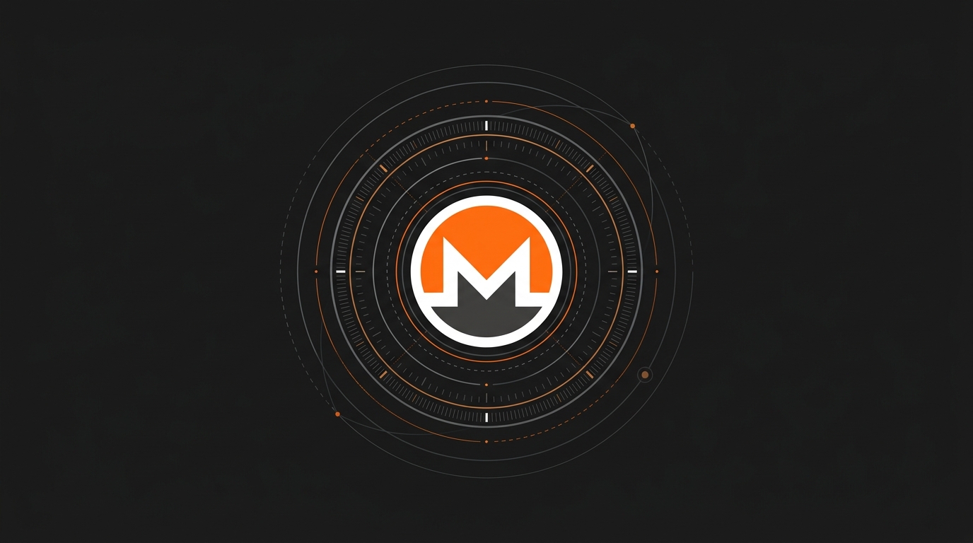Illustrazione minimale del simbolo Monero circondato da tre anelli crittografici concentrici su sfondo scuro