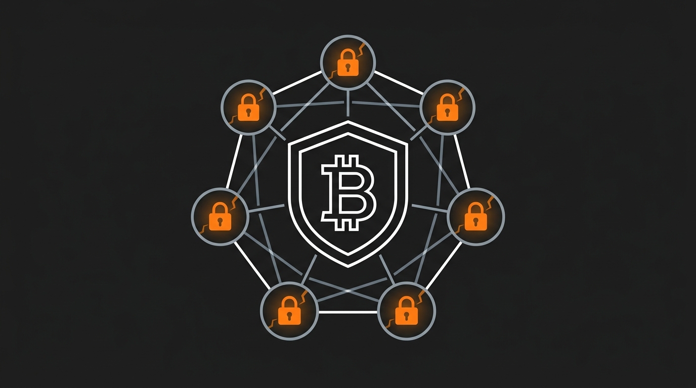 Illustrazione di uno scudo Bitcoin centrale protetto da 7 nodi con lucchetti arancioni che sigillano le falle di privacy