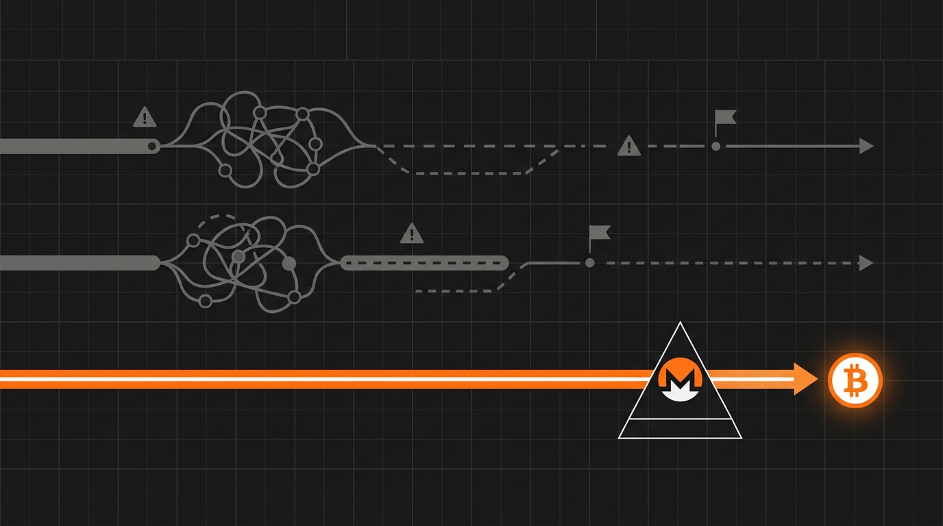 Illustrazione comparativa tra tre percorsi di transazione: mixer segnalati, CoinJoin e il tunnel pulito attraverso il prisma Monero