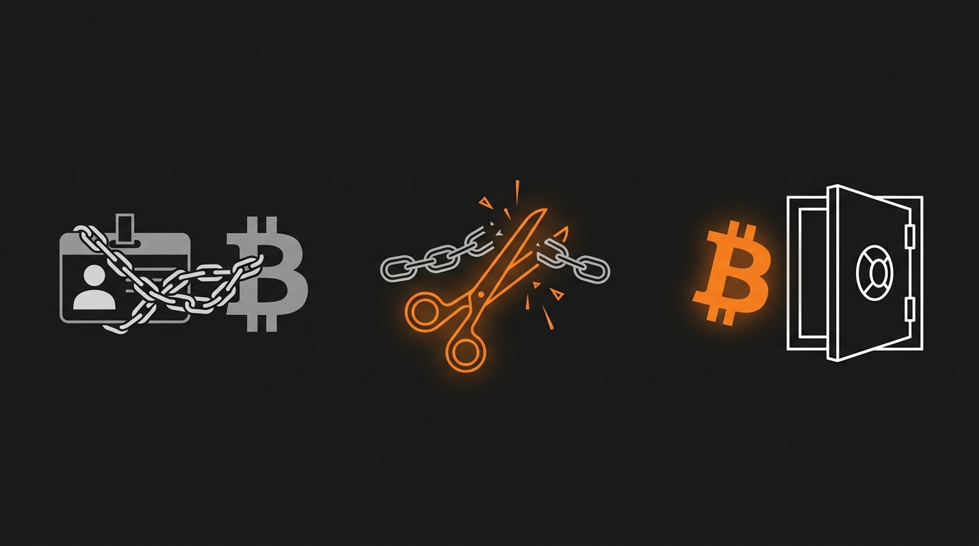 Illustrazione di forbici crittografiche che tagliano la catena tra un documento KYC e un Bitcoin diretto in cassaforte